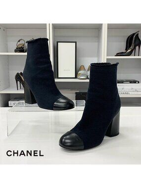 Chanel CC Logo Fabric Embroidery Short Boots Black